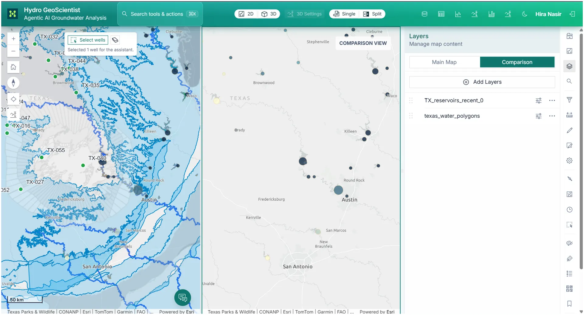 Two synchronized 2D GIS map views shown side by side.